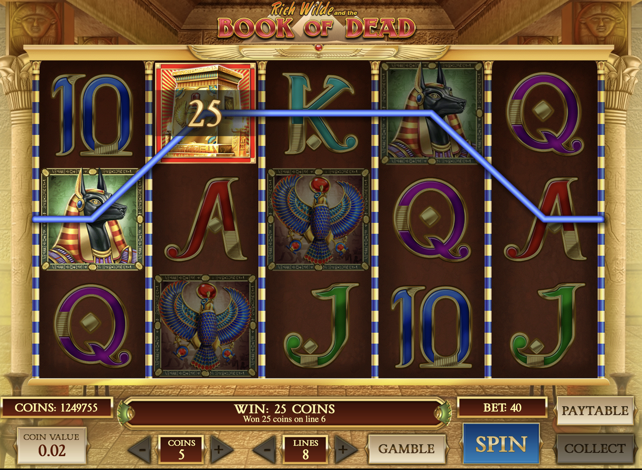 Zrzut ekranu wygranej w Book of the Dead z symbolami Wild/Scatter w BlitzBet Polska